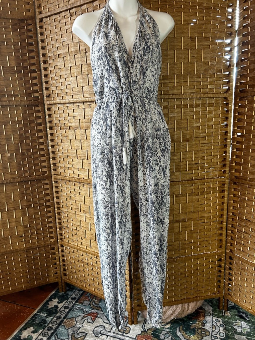 Snakeskin Print Halter Jumpsuit Open Back Tassel Tie Resort Vacation Small